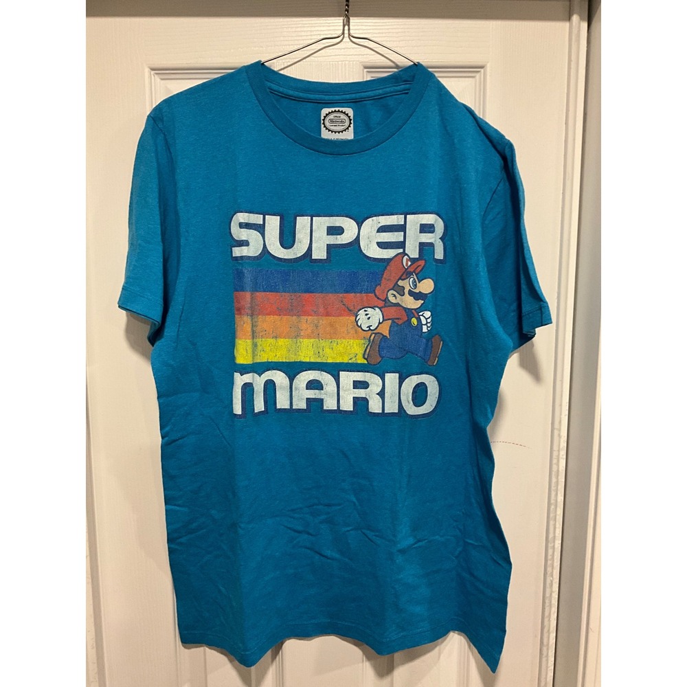Nintendo Super Mario Graphic T-Shirt Mens XL Teal Blue Retro Rainbow Running Tee